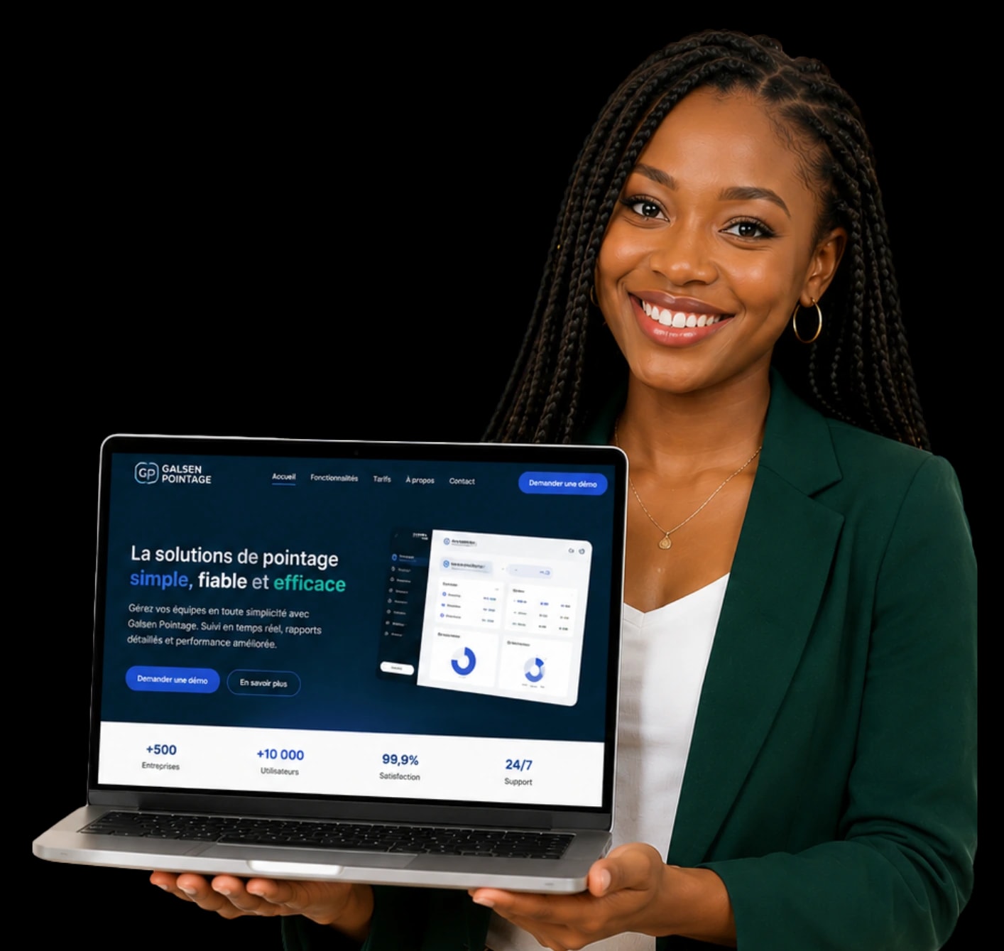 Une femme souriante présente l’application Galsen Pointage sur un ordinateur portable